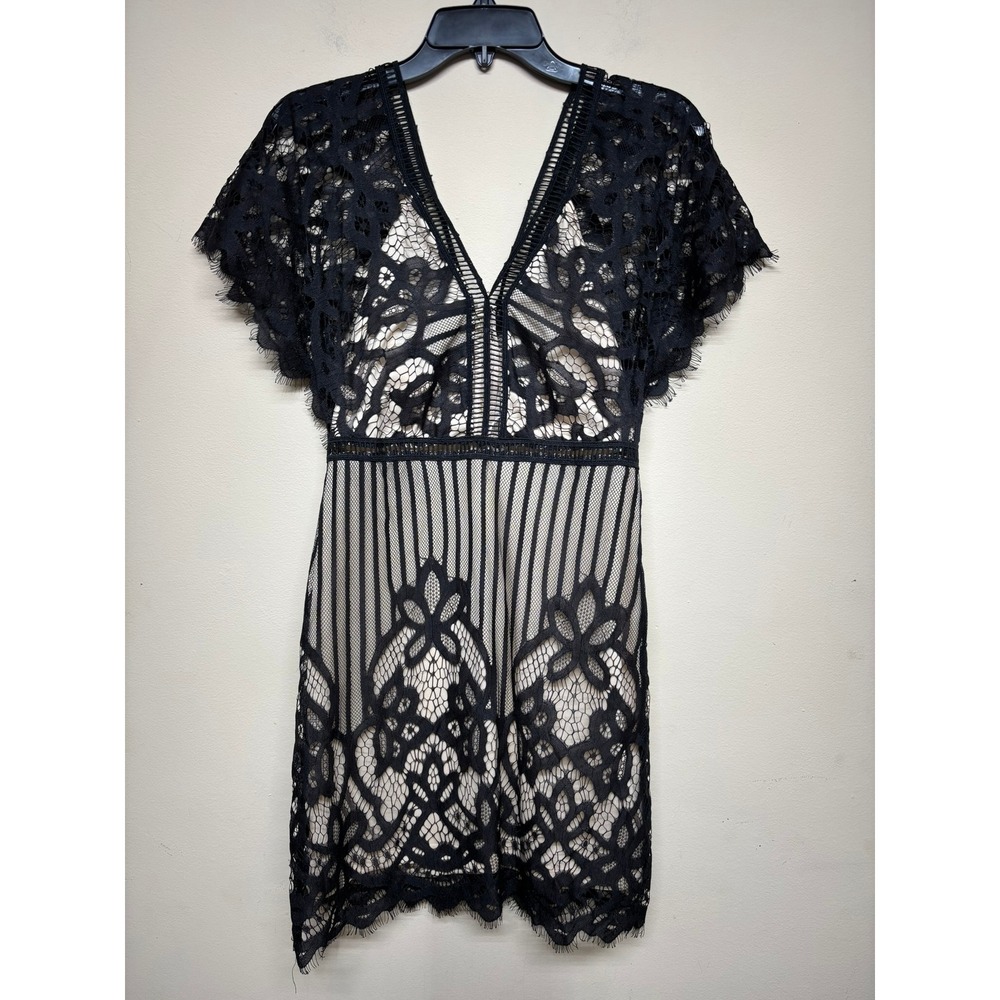 Boohoo Womens US 6 Black Lace V-Neck Mini Dress Sheer Overlay Party‎ Dark Goth